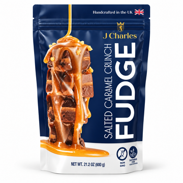 Salted Caramel Crunch Fudge from J Charles in a pouch with caramel drizzle and sea salt.