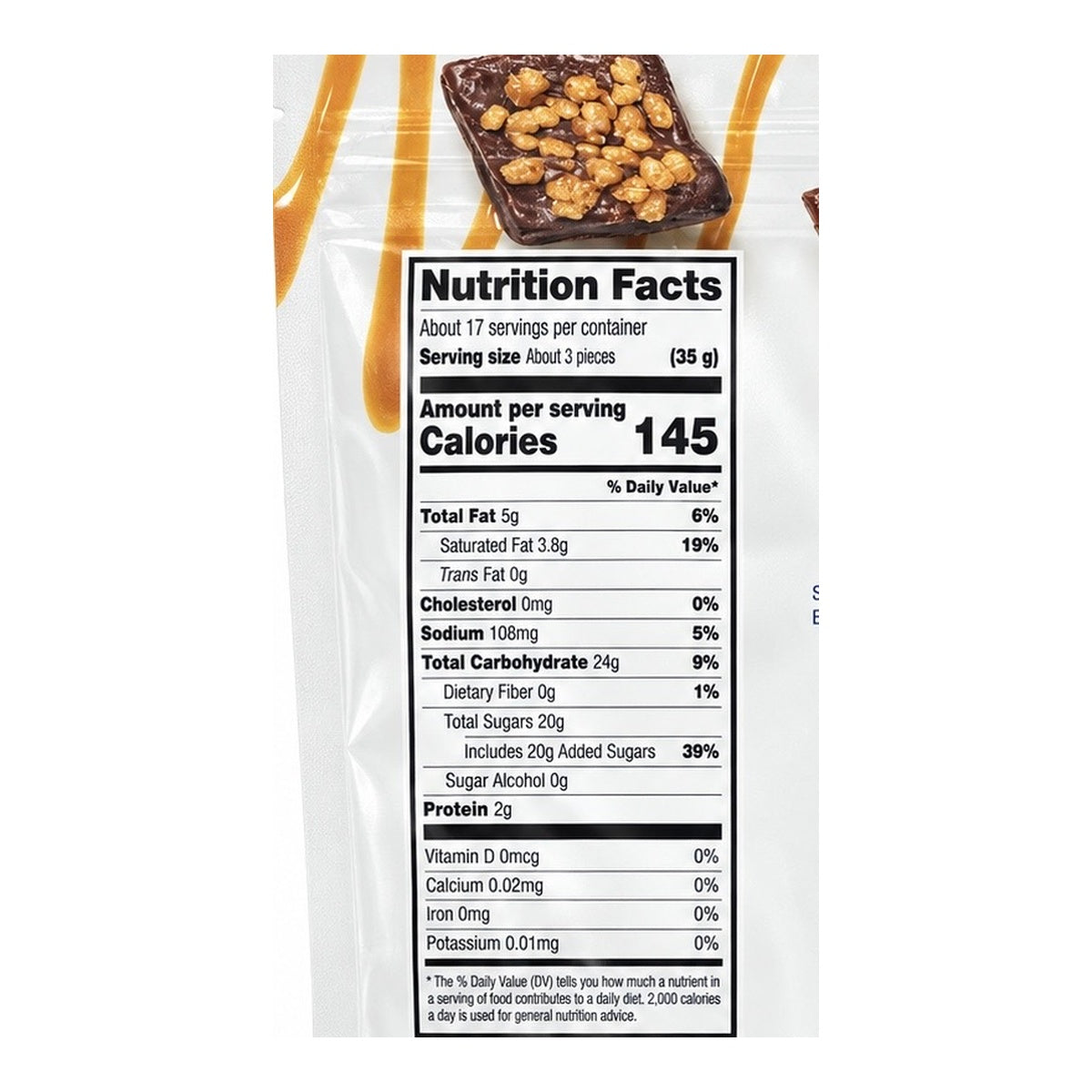 Nutrition facts label for Salted Caramel Crunch Fudge, detailing calories and ingredients for informed choices.