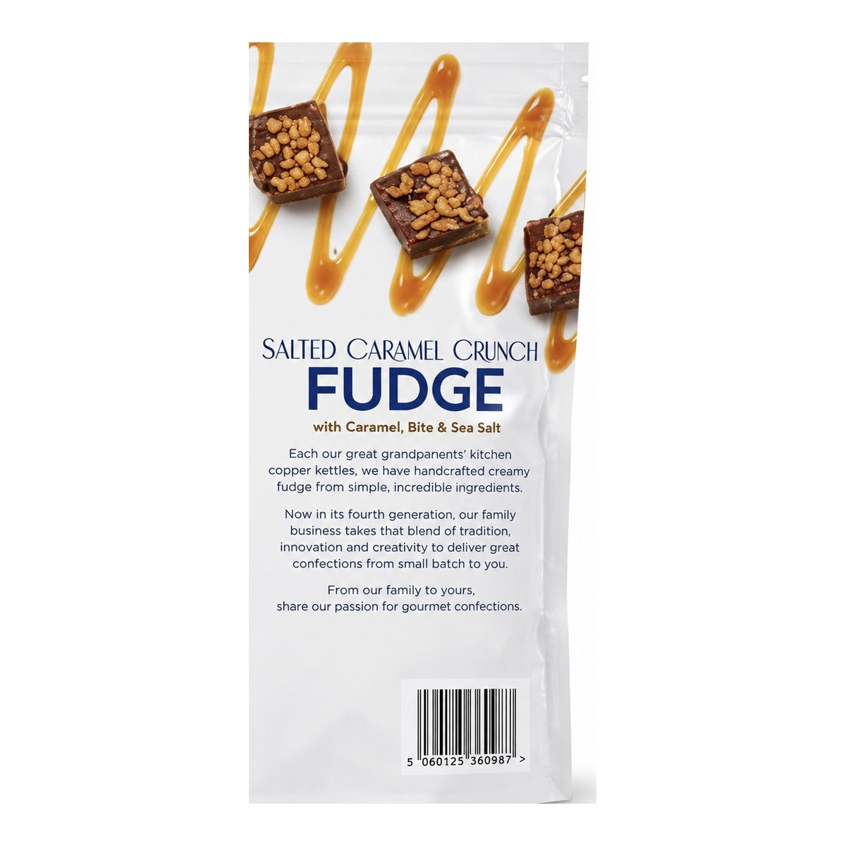 Salted Caramel Crunch Fudge packaging showcasing caramel, crunchy bits, and sea salt for a delicious treat.