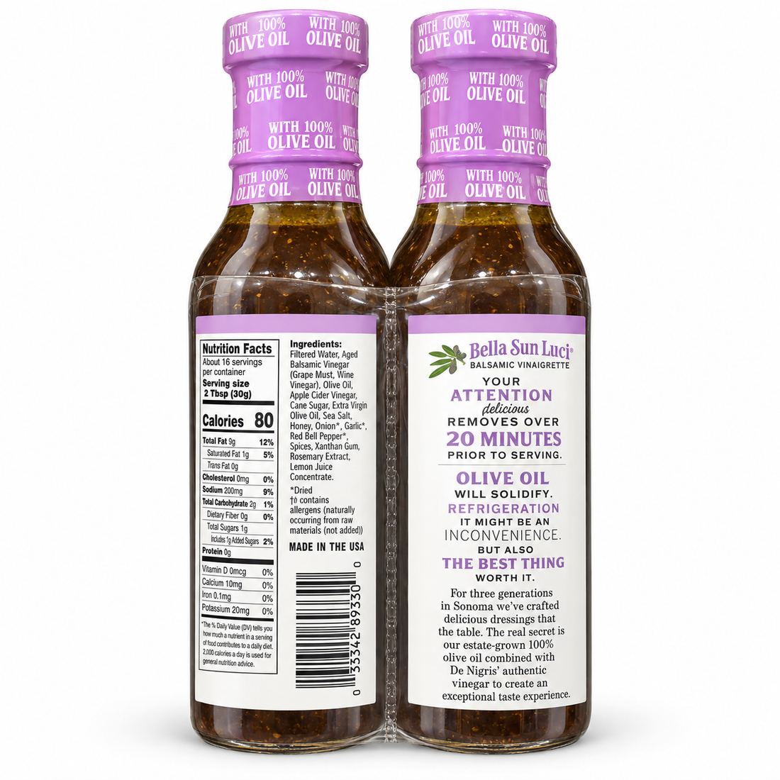 Olive Oil Balsamic Vinaigrette 12 oz | Bella Sun Luci bottles featuring 100% olive oil and aged balsamic vinegar.