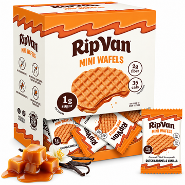 Rip Van Mini Stroopwafels packaging with caramel and vanilla flavor, offering a low-sugar snack option.
