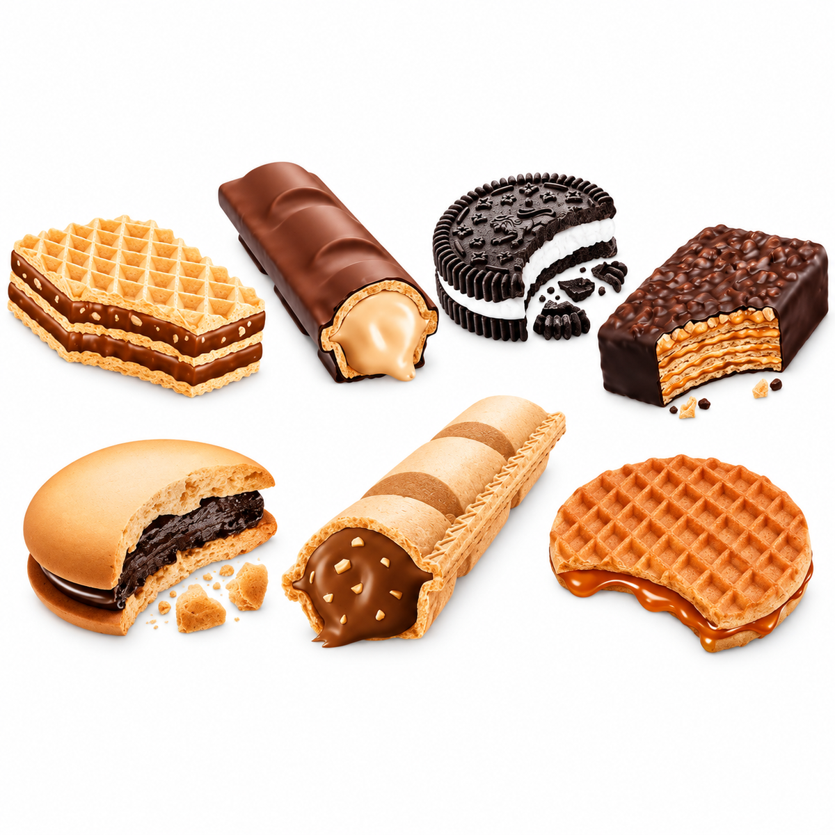 Variety of cookies including Rip Van Mini Stroopwafels, chocolate wafers, and filled cookies arranged appetizingly.