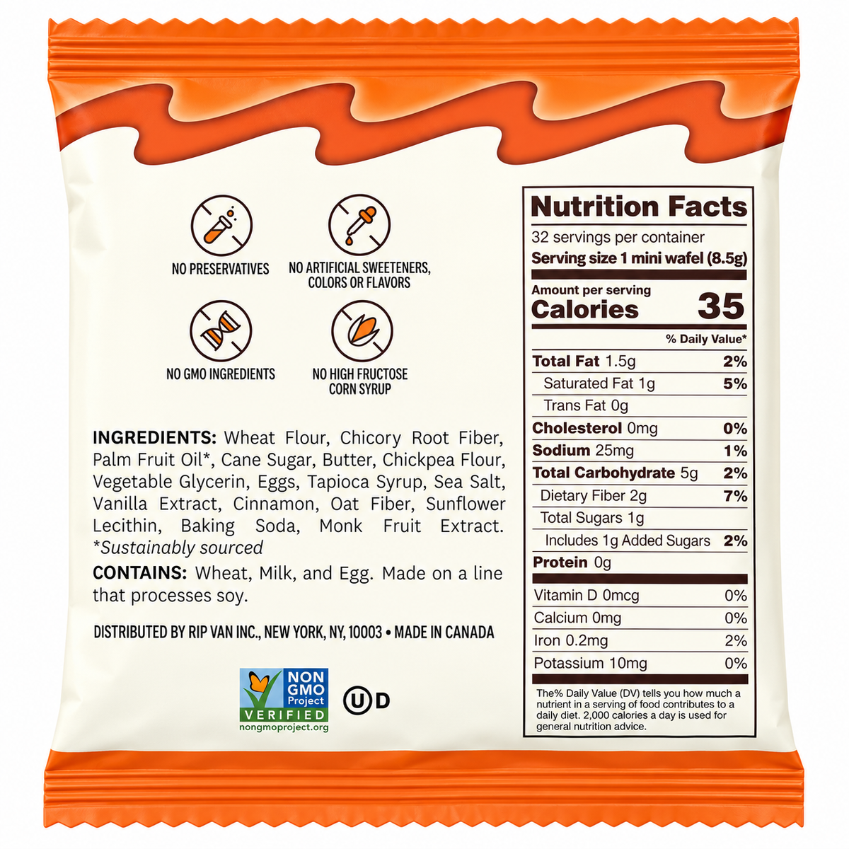 Nutrition facts and ingredients of Rip Van Mini Stroopwafels – Dutch Caramel & Vanilla, 32 Pack.