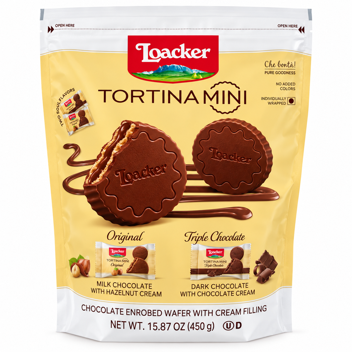 Loacker Tortina Mini Chocolate Wafers Variety Pack 15.87 oz includes Original and Triple Chocolate flavors.
