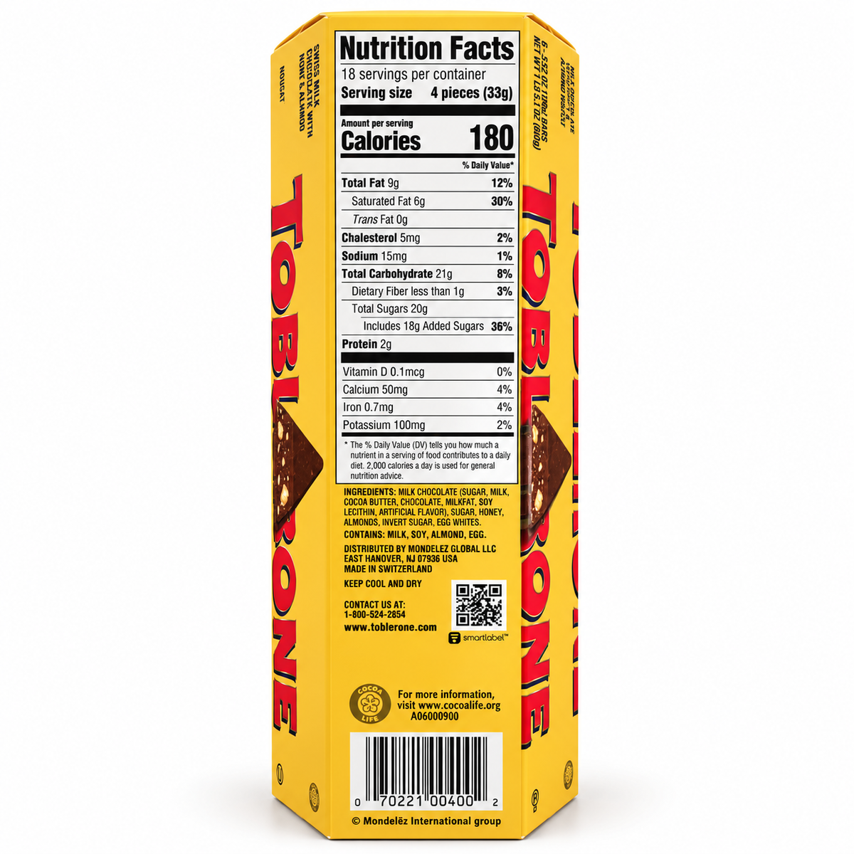 Nutrition facts for Toblerone Milk Chocolate Bars Honey & Almond Nougat showing serving size and calories.