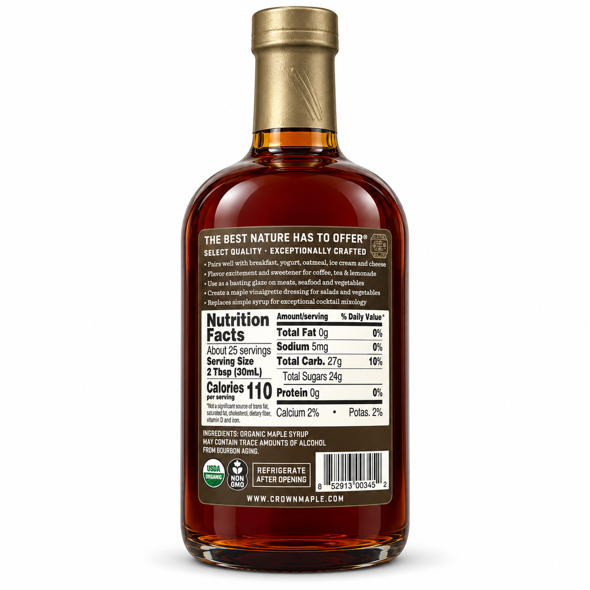 Back label of Crown Maple Bourbon Barrel Aged Maple Syrup with nutrition facts and ingredient details.