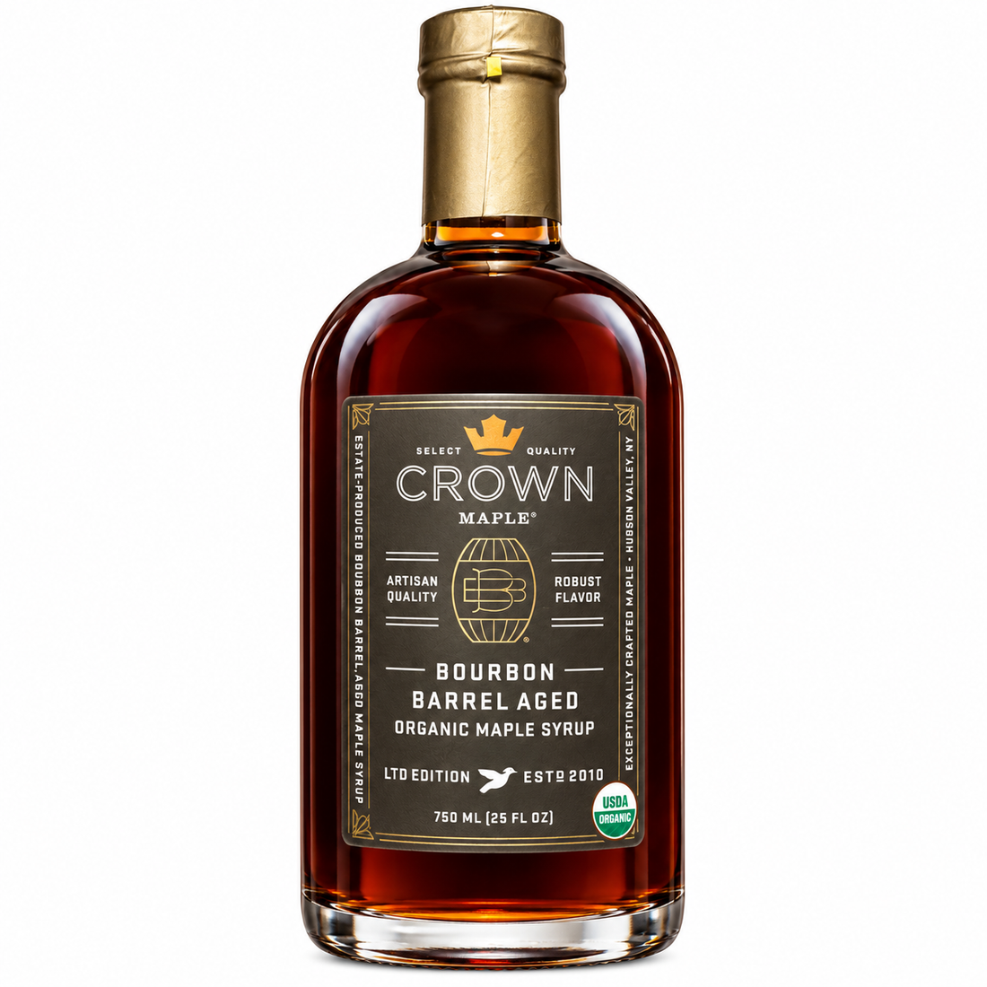 Crown Maple Bourbon Barrel Aged Maple Syrup 25 fl oz bottle with artisan label and robust flavor.