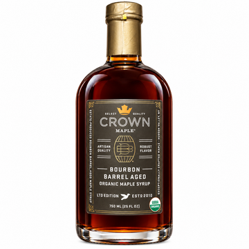 Crown Maple Bourbon Barrel Aged Maple Syrup 25 fl oz bottle with artisan label and robust flavor.