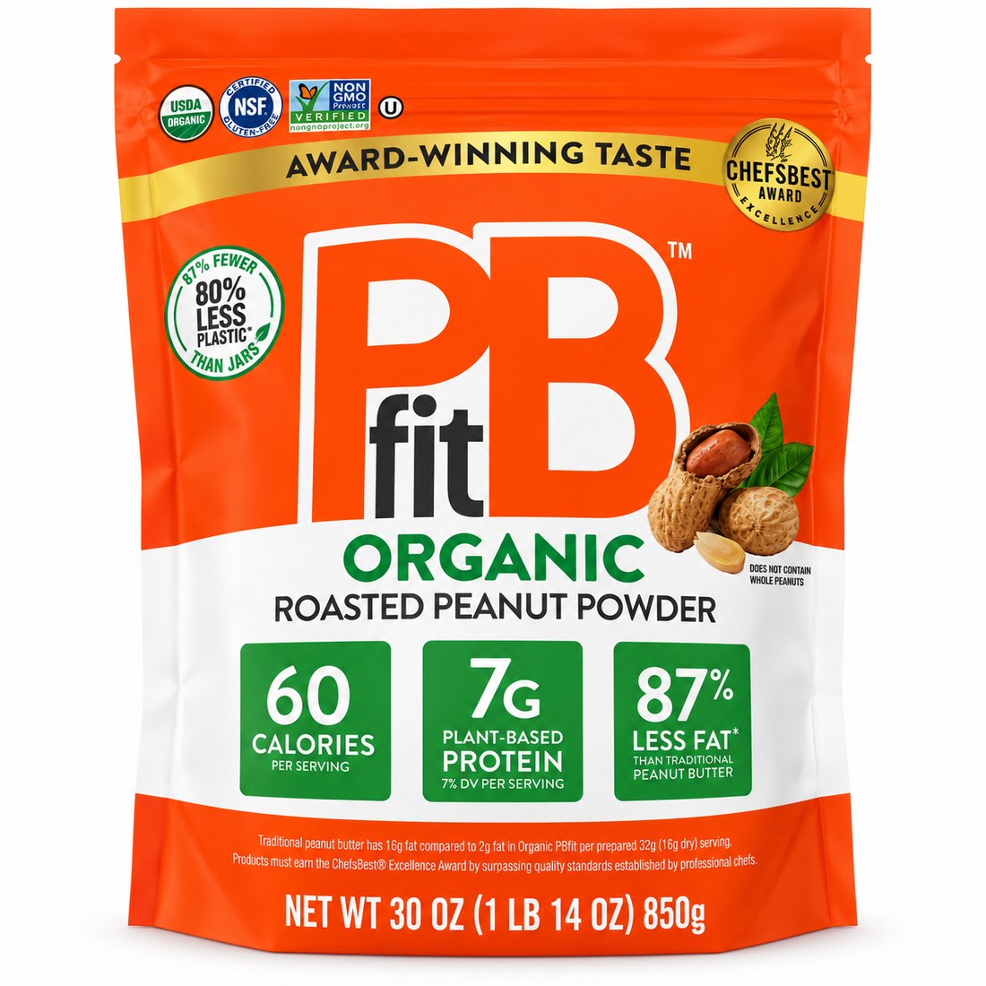 PBfit Organic Peanut Butter Powder 30 oz package with nutritional information and award-winning taste.