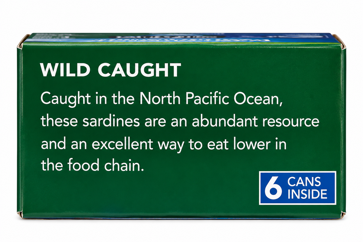 Wild Planet Pacific Sardines packaging highlighting wild caught and sustainable sourcing, featuring 6 cans inside.