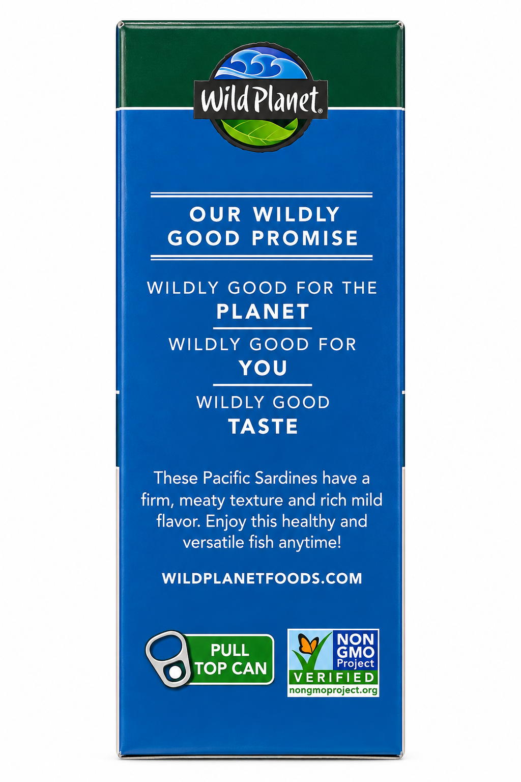 Wild Planet Pacific Sardines packaging highlighting the brand's commitment to sustainability and quality.