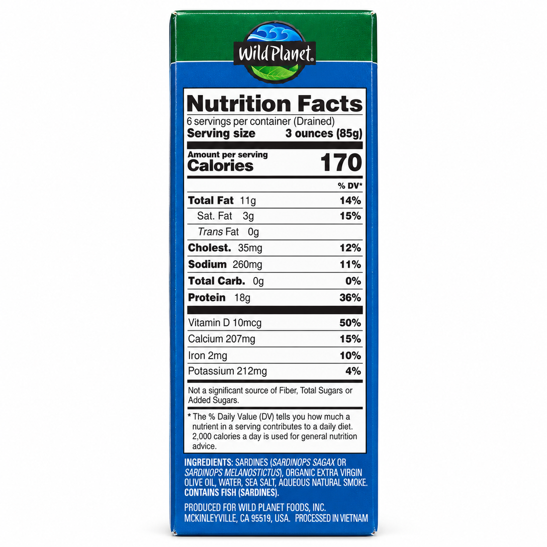 Wild Planet Pacific Sardines in Extra Virgin Olive Oil, 6-pack, sustainably caught in the North Pacific Ocean.