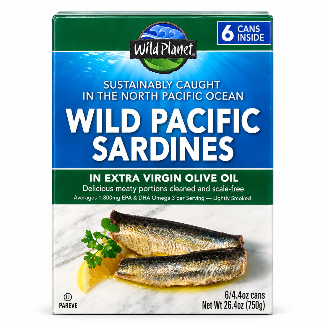 Wild Planet Pacific Sardines in Extra Virgin Olive Oil, 6-pack, sustainably caught in the North Pacific Ocean.