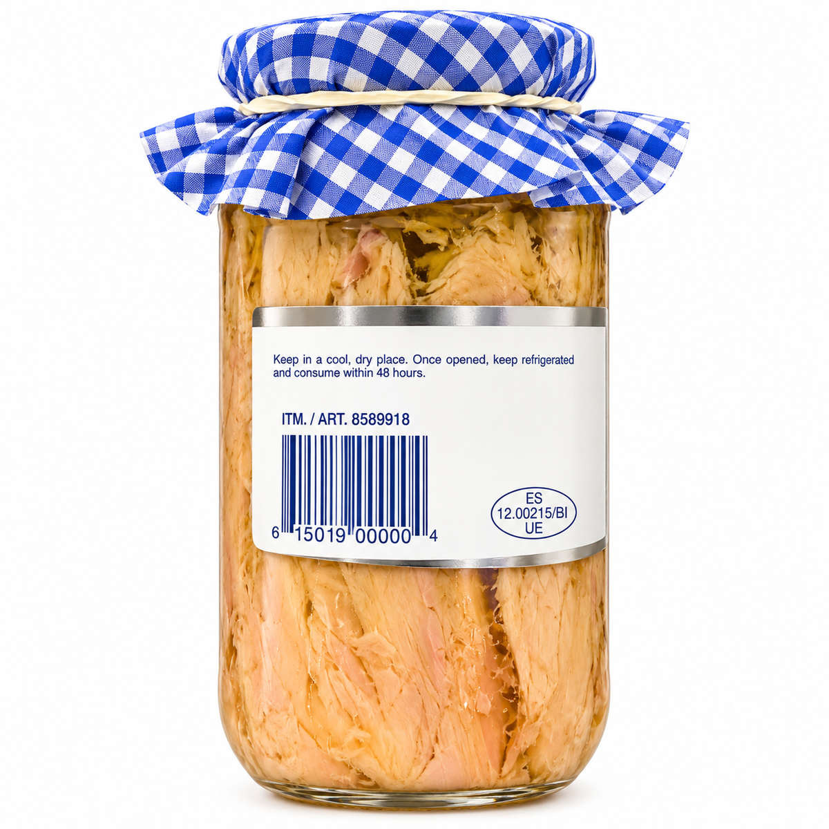 Campos Yellowfin Tuna in Olive Oil jar featuring blue and white checkered lid for preservation.
