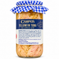 Campos Yellowfin Tuna in olive oil jar with blue checkered lid and nutrition facts label.