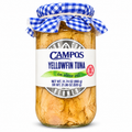 Campos Yellowfin Tuna in Olive Oil 31.74 oz jar with blue checked lid, featuring drained tuna weight on label.