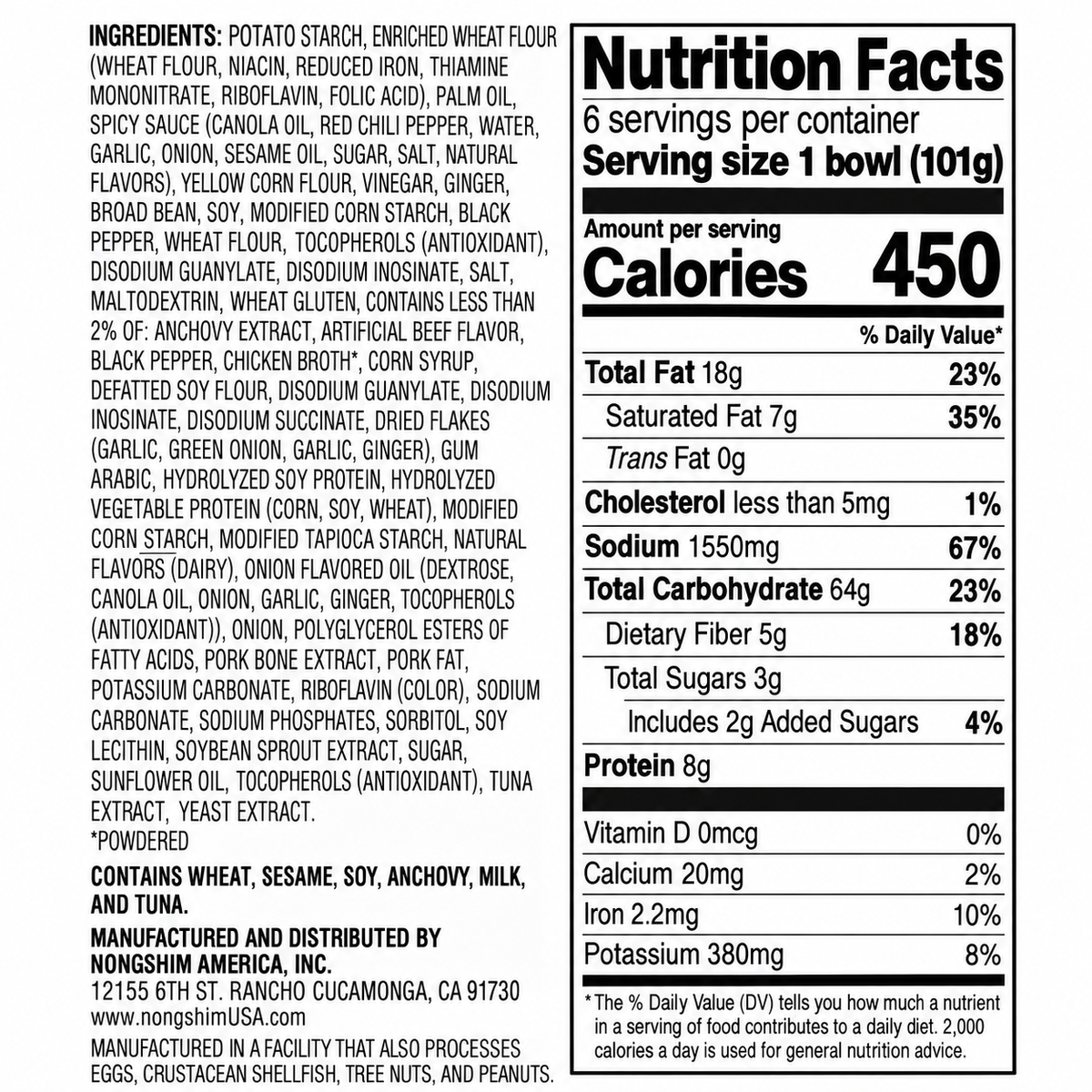 Nutrition facts label for Tonkotsu Kuromayu Ramen 3.56 oz Bowls detailing ingredients and serving information.