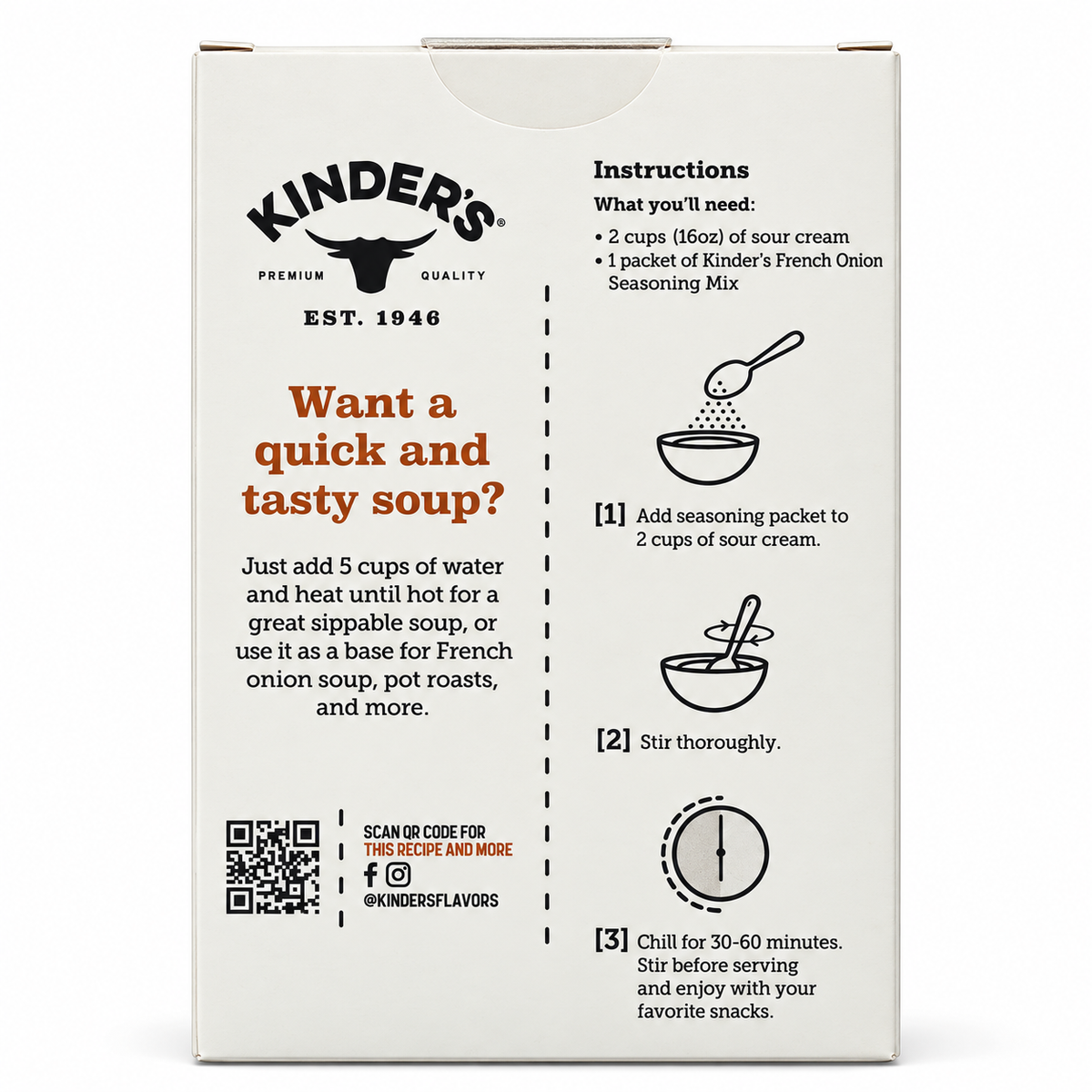 Kinder's French Onion Seasoning Mix packaging with recipe instructions for a quick soup.