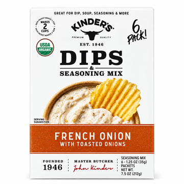 Kinder's French Onion Seasoning Mix 6-Pack with toasted onions, garlic, USDA Organic seasoning for dips and soups.
