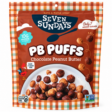 Seven Sundays PB Puffs Chocolate Peanut Butter cereal packaging with 10g protein per serving.