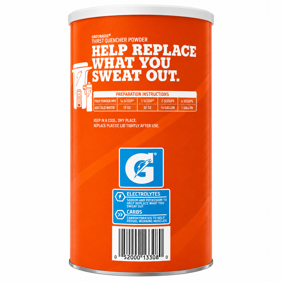 Gatorade Glacier Freeze Powder container, a powdered sports drink mix for hydration and electrolytes, makes up to 9 gallons.