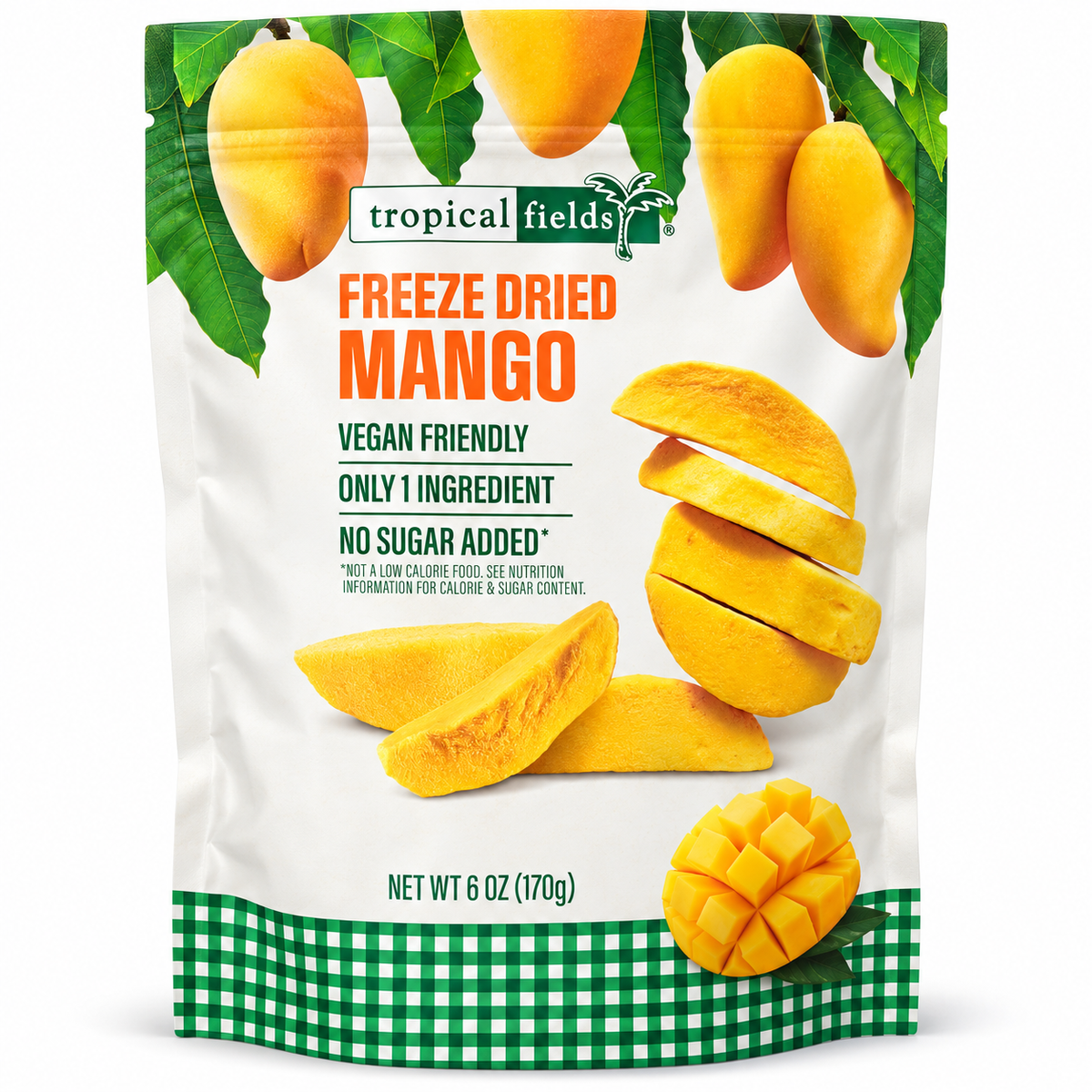 Tropical Fields Freeze Dried Mango 6 oz bag featuring crispy mango slices, vegan friendly, no added sugar.