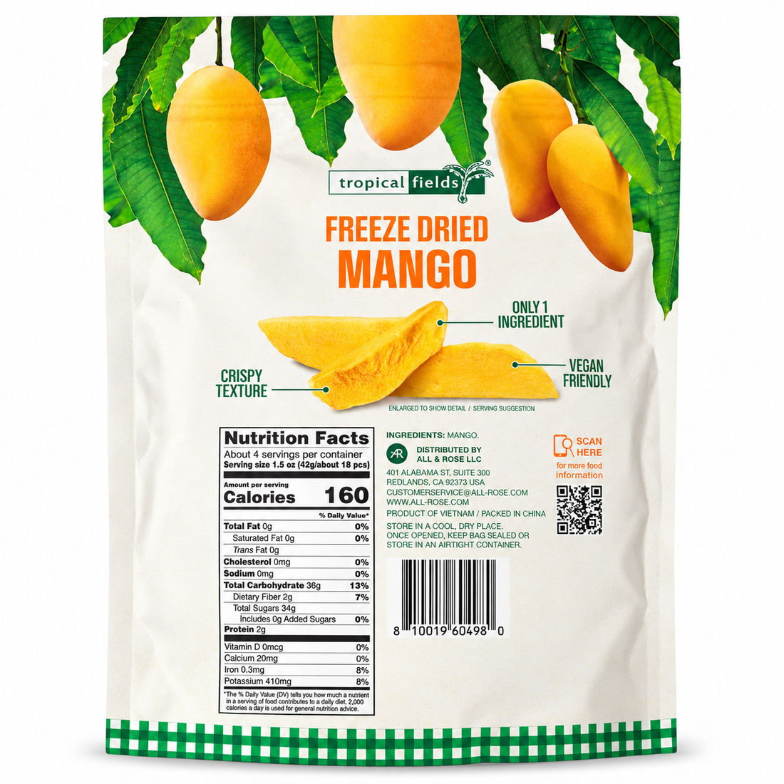 Tropical Fields Freeze Dried Mango 6 oz bag featuring crispy mango slices, vegan friendly, no added sugar.