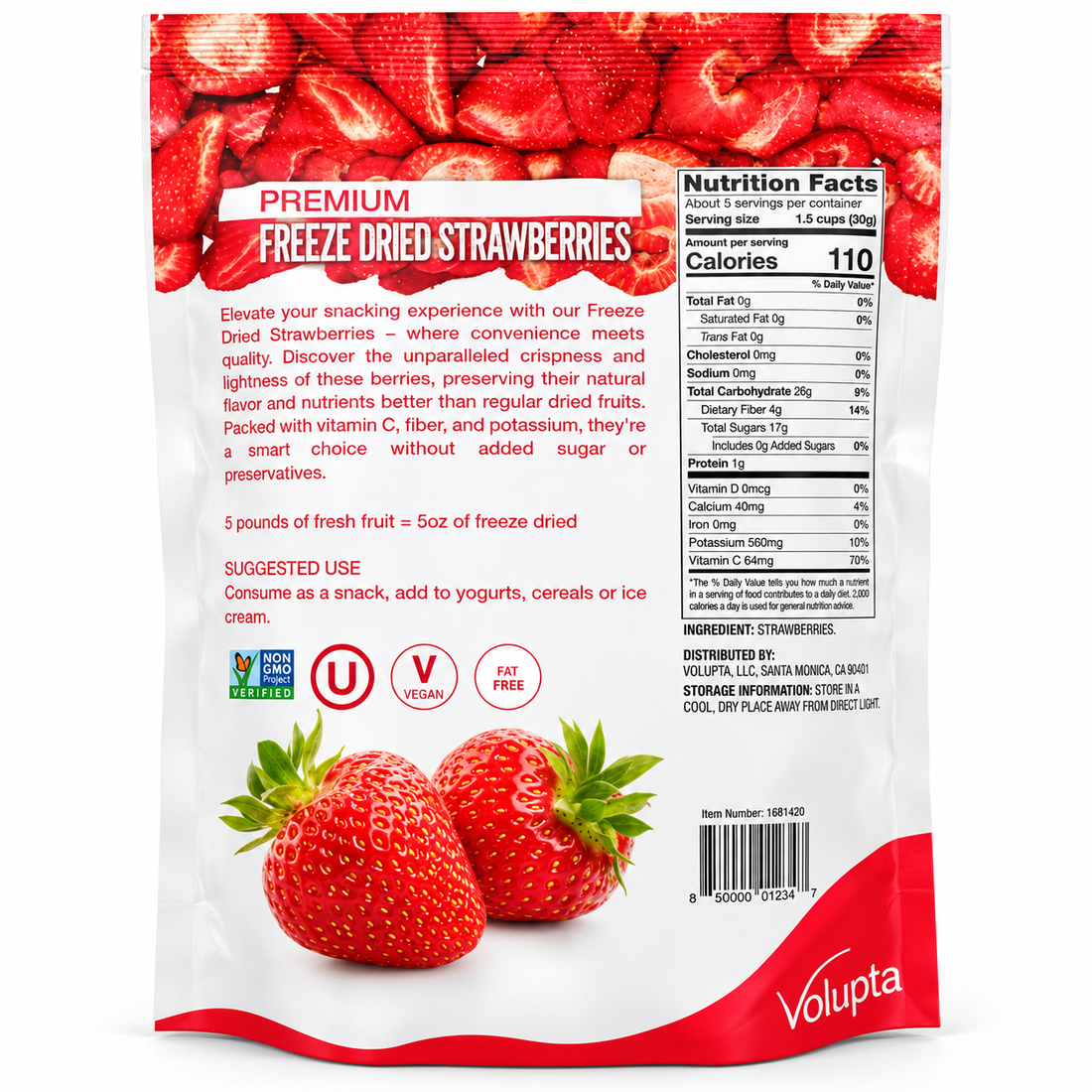 Volupta Freeze Dried Strawberries 5 oz package showcasing crisp, natural strawberries, no added sugar, and rich in vitamins.