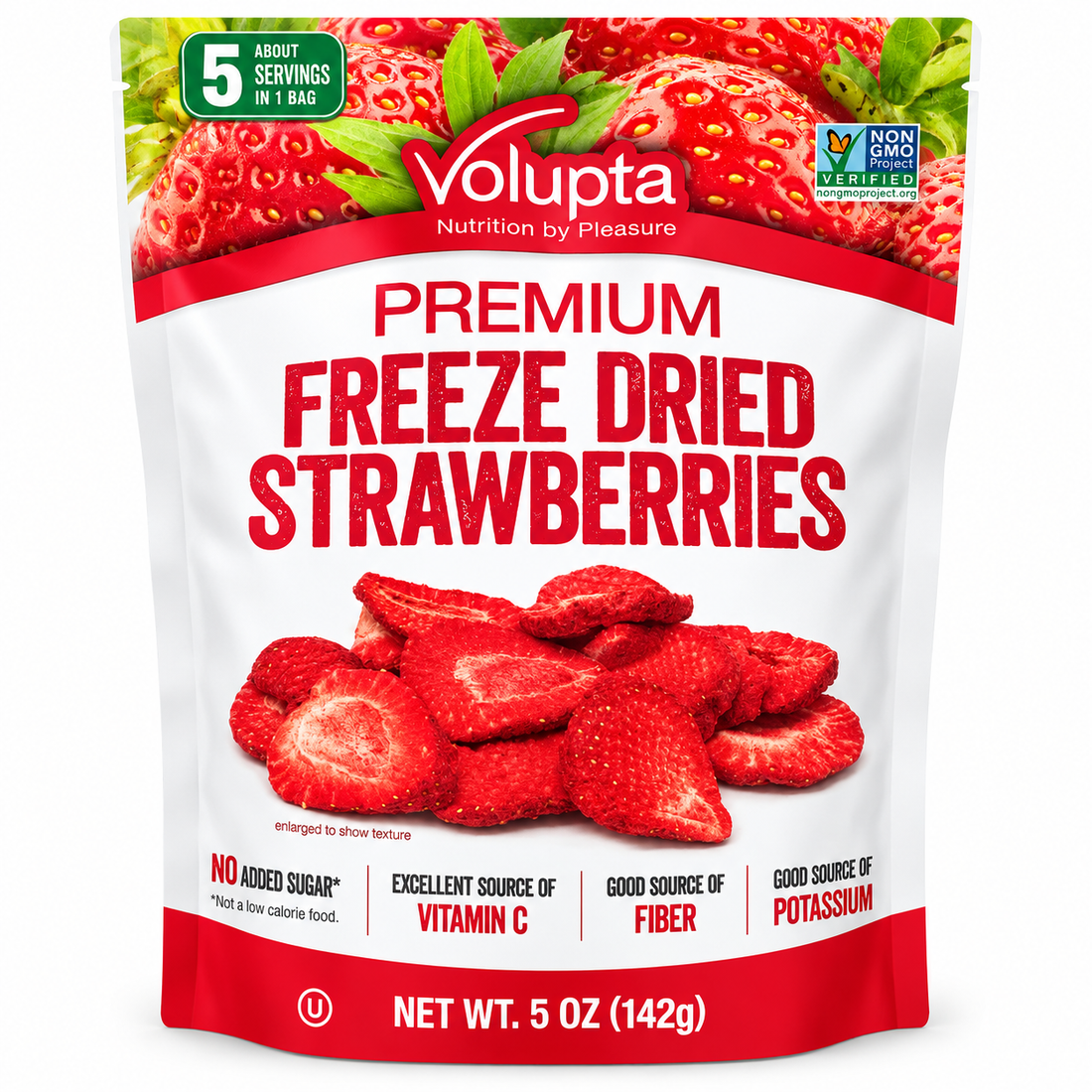 Volupta Freeze Dried Strawberries 5 oz package showcasing crisp, natural strawberries, no added sugar, and rich in vitamins.