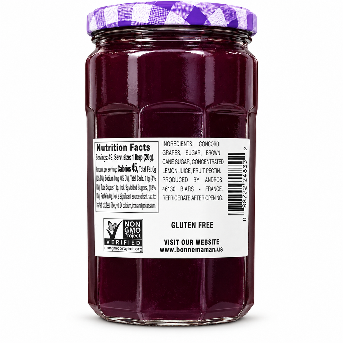 Bonne Maman Concord Grape Fruit Spread 34.5 oz jar with purple checkered lid, made in France.