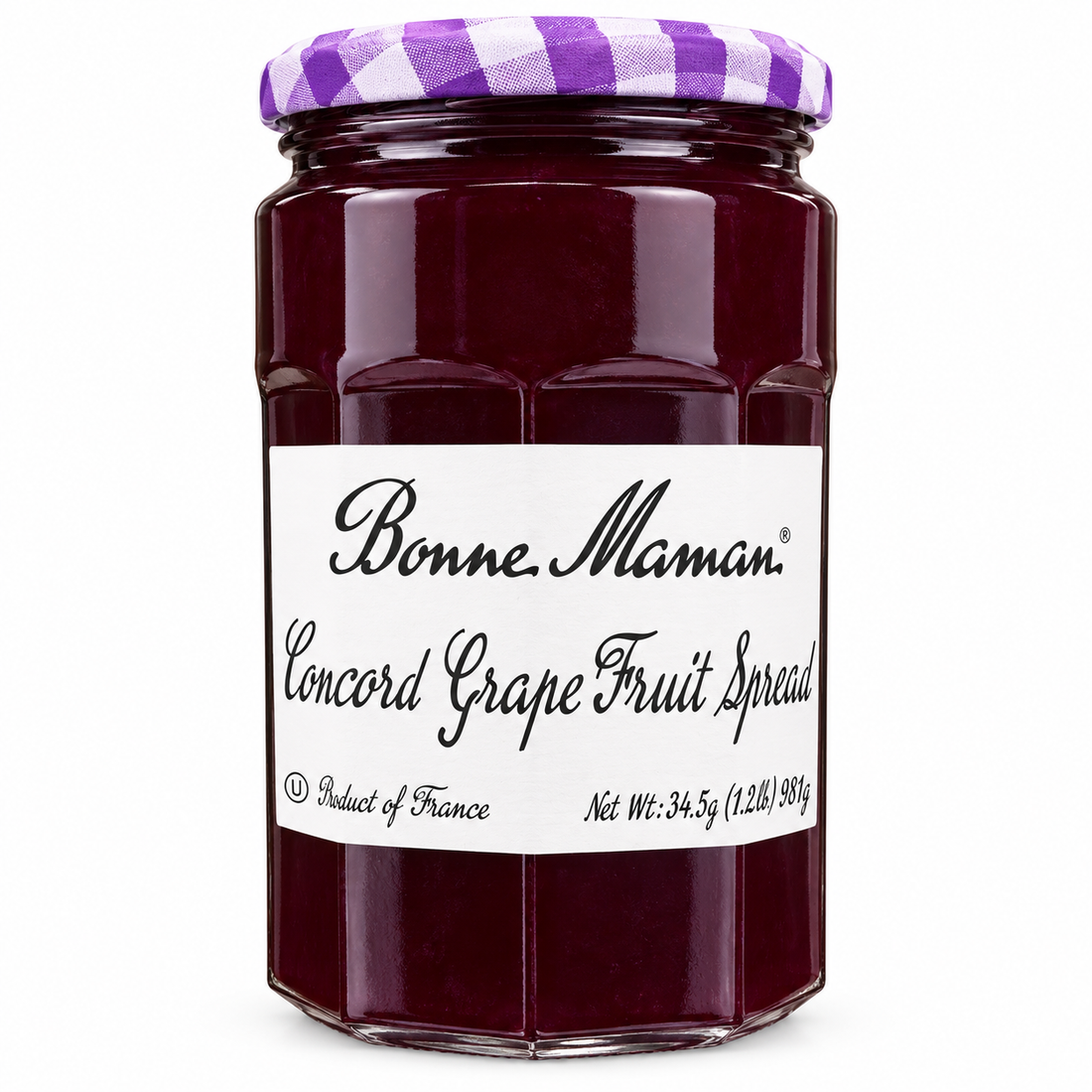 Bonne Maman Concord Grape Fruit Spread 34.5 oz jar with purple checkered lid, made in France.