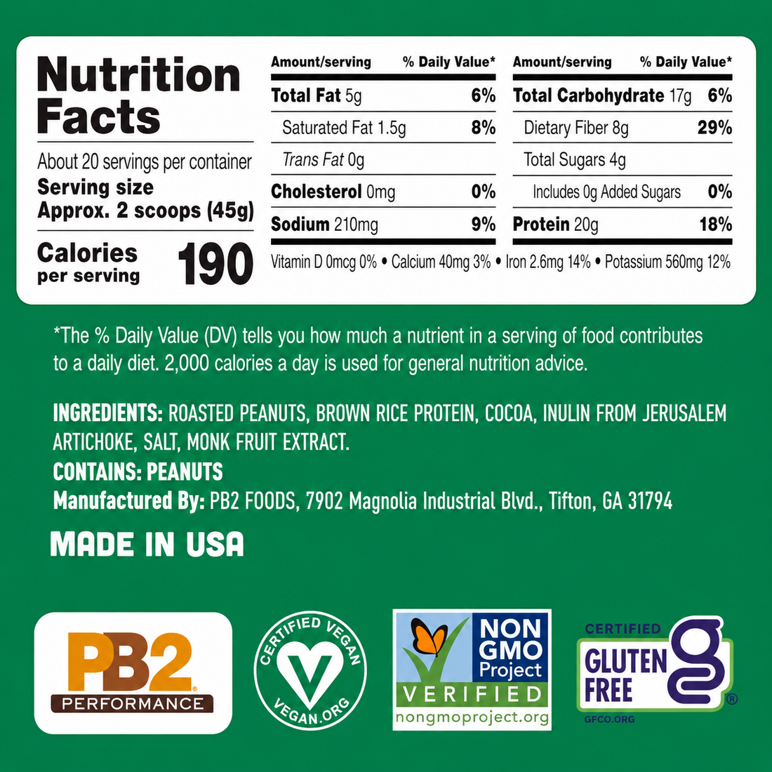 PB2 Performance Vegan Protein Powder with Cocoa, 20g Plant-Based Protein, No Added Sugar, Gluten Free, Non-GMO, 2 lb