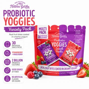 Nature’s Garden Probiotic Yoggies Variety Pack, 21 oz – Strawberry & Mixed Berry Yogurt Covered Fruit Snacks, High Fiber, Gluten Free, Non-GMO