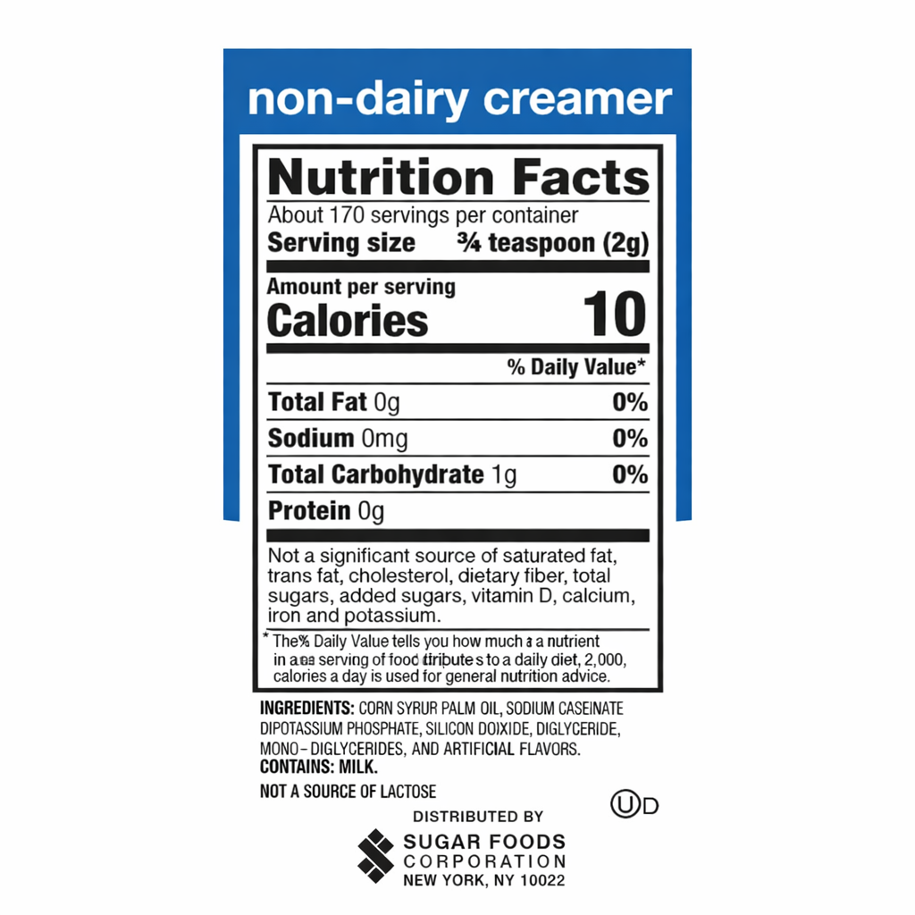 N'JOY non-dairy coffee creamer nutrition facts label with serving information and ingredients list.