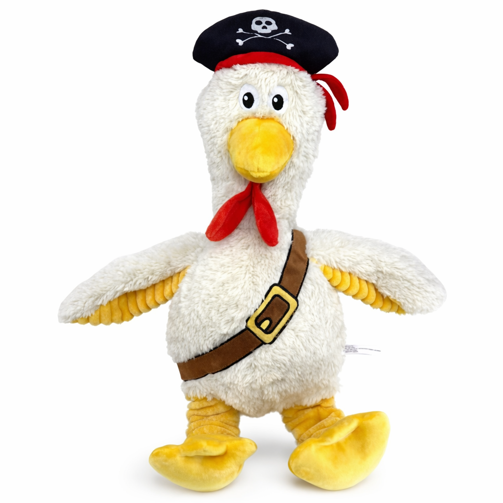 Pirate Chicken Dog Toy – 18 Inch plush squeaky toy with internal rope, durable wings, perfect for medium & large dogs.