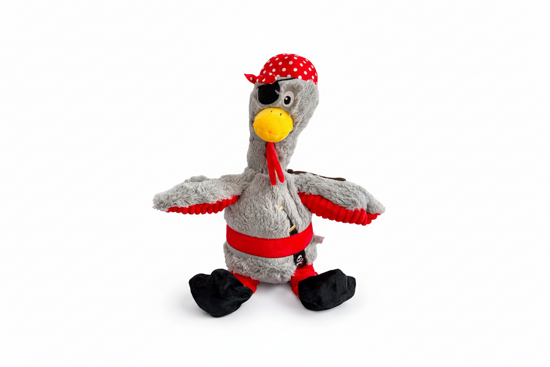Pirate Chicken Dog Toy – 18 Inch plush squeaky toy for medium & large dogs with internal rope and crinkle wings.
