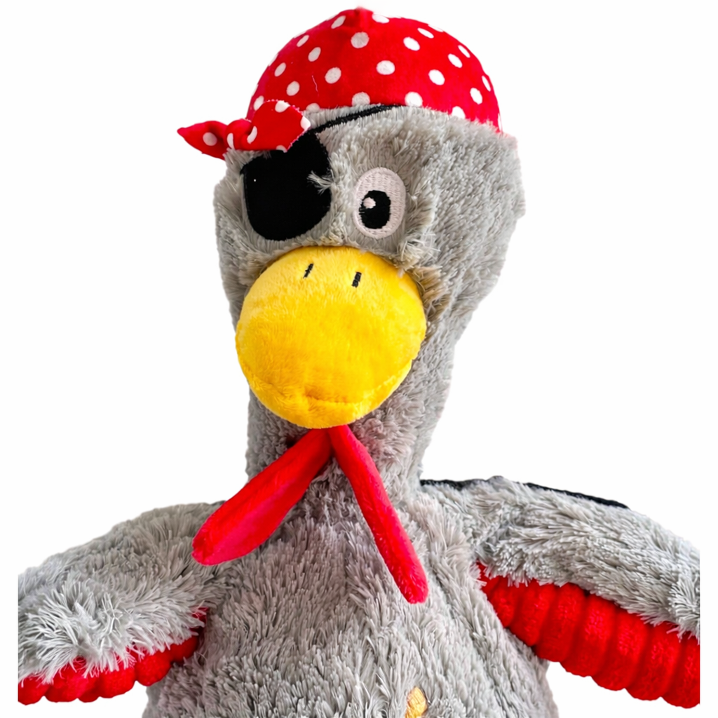 Pirate Chicken Dog Toy – 18 Inch plush squeaky toy for medium & large dogs with internal rope and crinkle wings.