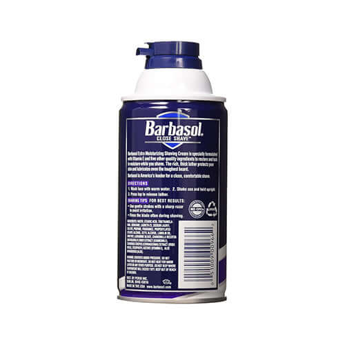 Barbasol Extra Moisturizing Shaving Cream with Vitamin E, 10 oz., back label showing directions and ingredients