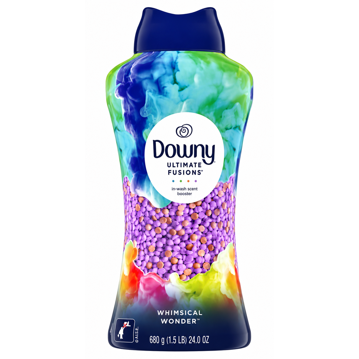Downy Ultimate Fusions Scent Booster 24 oz Whimsical Wonder bottle featuring colorful design and in-wash fragrance beads.