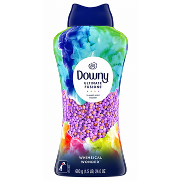 Downy Ultimate Fusions Scent Booster 24 oz Whimsical Wonder bottle featuring colorful design and in-wash fragrance beads.