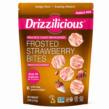 Drizzilicious Frosted Strawberry Mini Rice Cakes - Healthy snack with chia, quinoa, and flax, 90 calories. Healthy strawberry rice cakes.