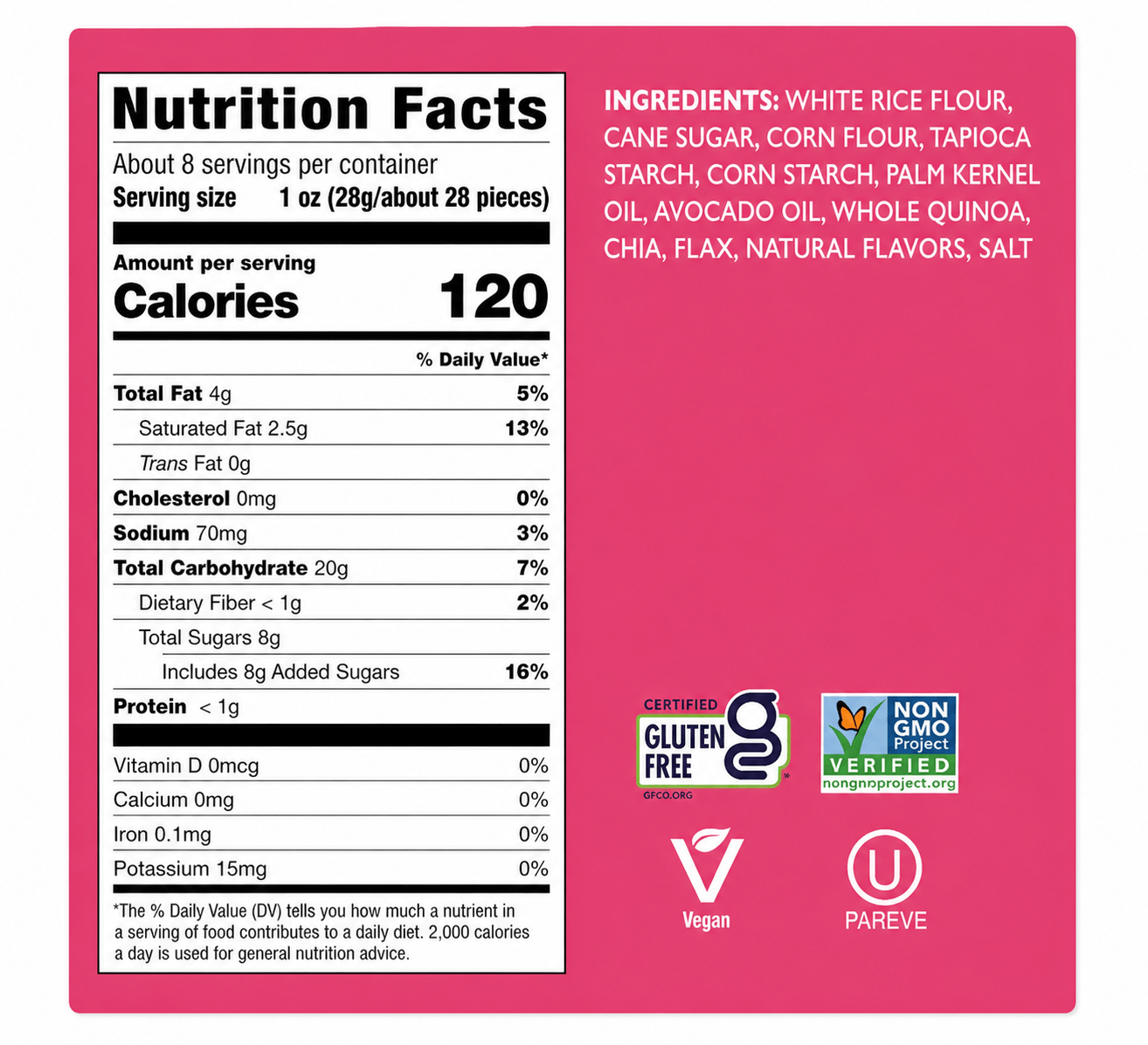 Nutrition facts for Drizzilicious Frosted Strawberry Mini Rice Cakes, healthy strawberry rice cakes with 120 calories per serving.