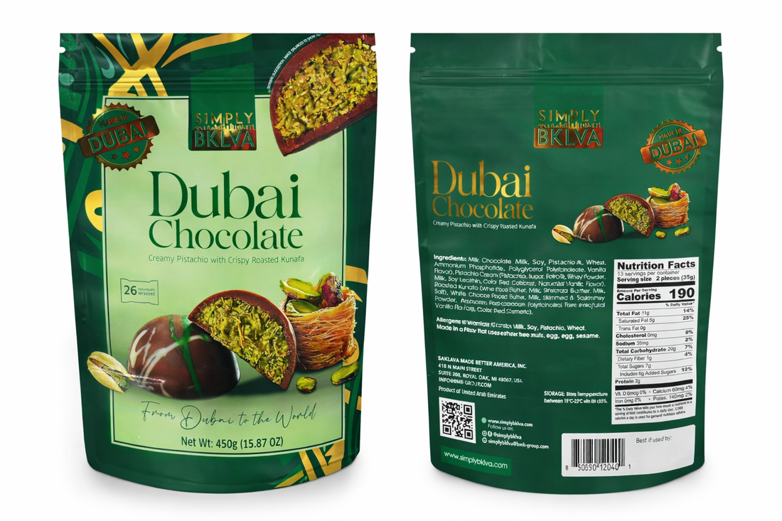 Simply BKLVA Dubai Chocolate, Pistachio with Crispy Roasted Kunafa, 15.87 oz, 26 pieces.