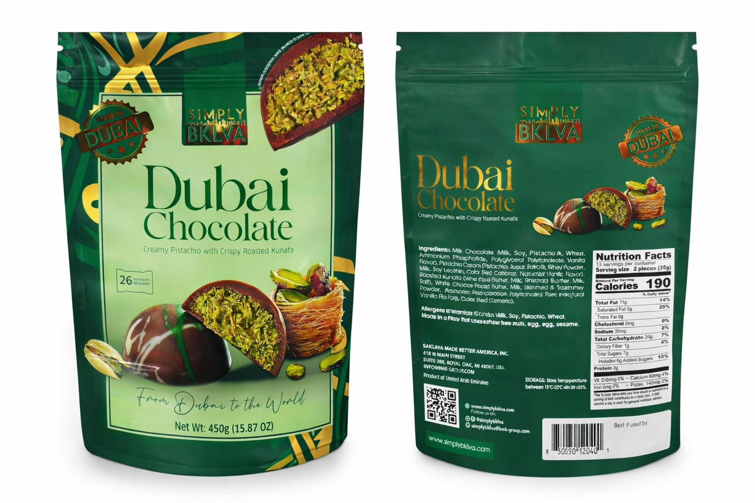 Simply BKLVA Dubai Chocolate, Creamy Pistachio with Crispy Roasted Kunafa, 15.87 oz packaging.