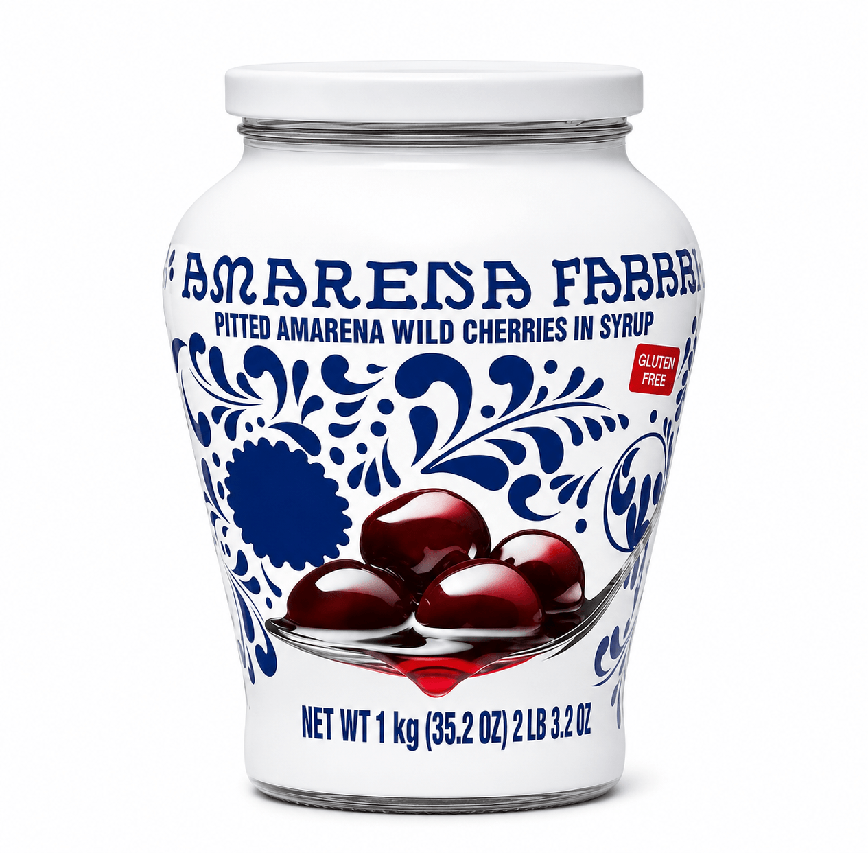 Fabbri Amarena cherries in syrup jar showcasing pitted wild cherries, gluten free and non-GMO.