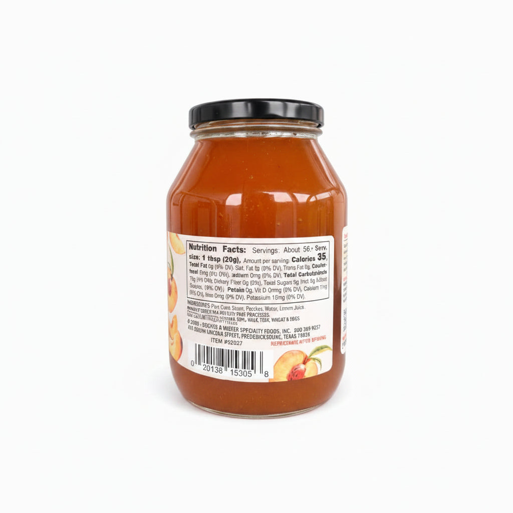 Fredericksburg Peach Preserves 40oz jar showcasing nutritional information and authentic Texas flavor.
