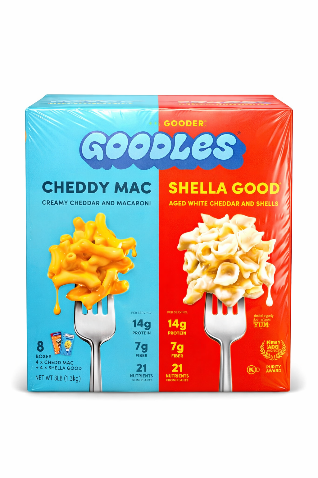 Goodles Mac and Cheese variety pack featuring Cheddy Mac and Shella Good flavors in 8 x 6 oz boxes.