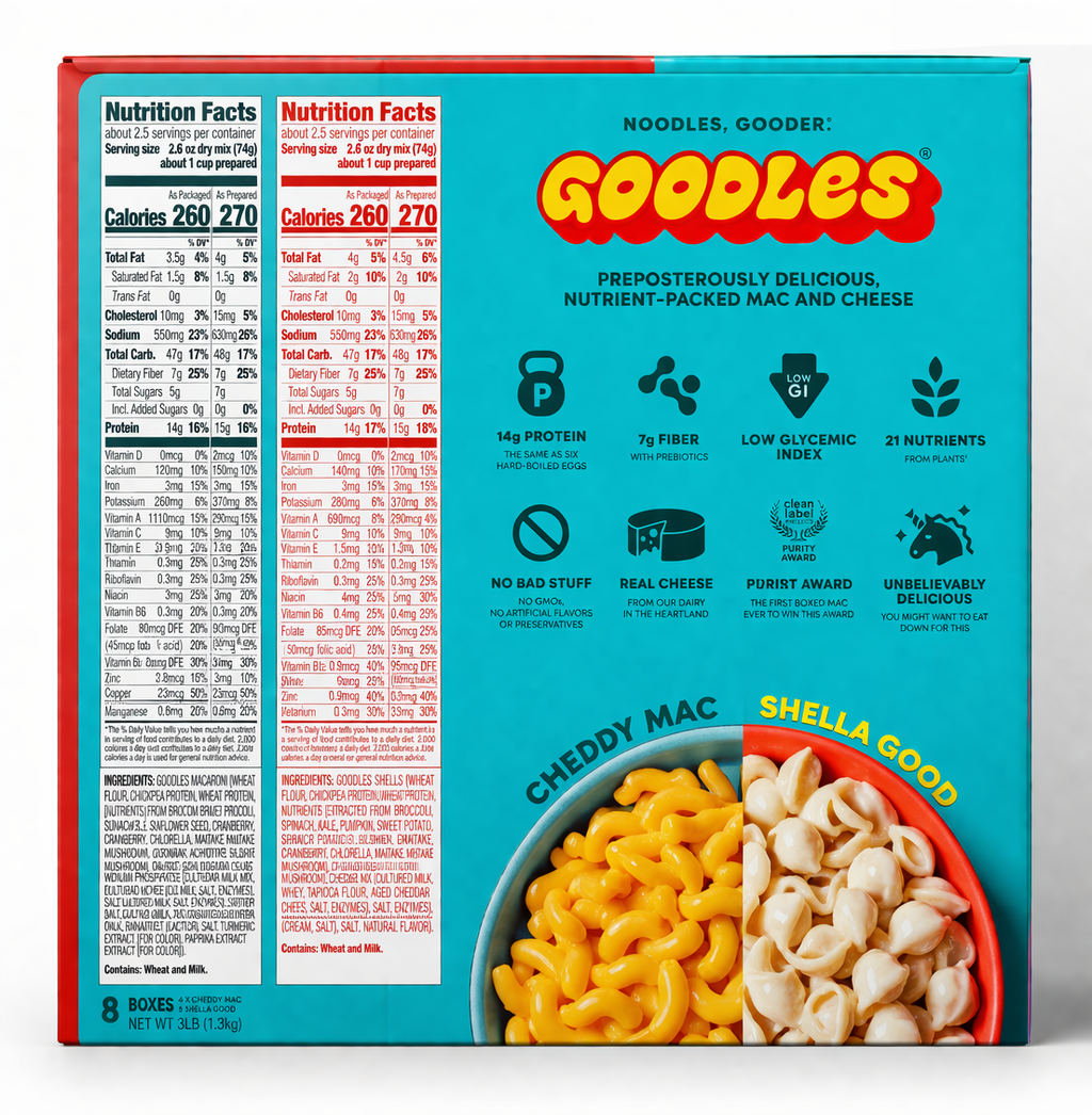 Goodles Mac and Cheese variety pack featuring Cheddy Mac and Shella Good flavors in 8 x 6 oz boxes.