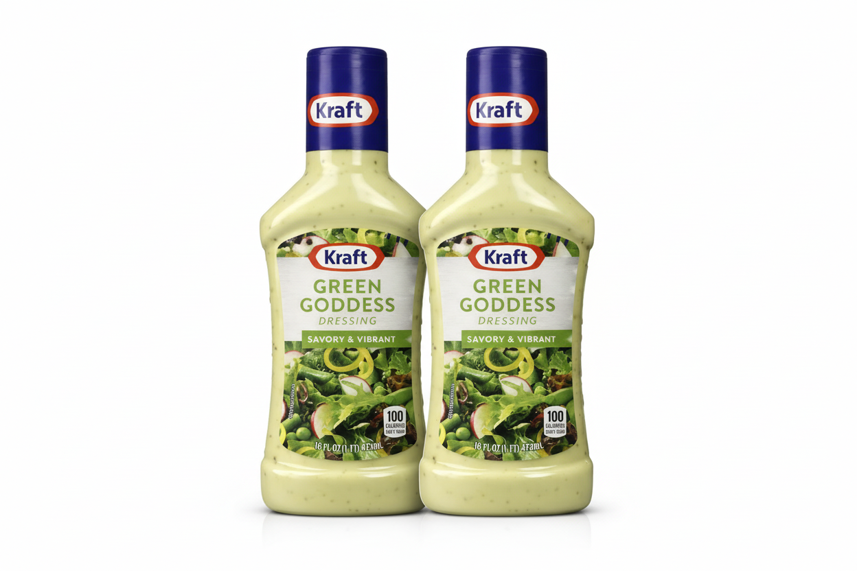 Kraft Green Goddess Dressing bottles, 16 Fl Oz, pack of 2, savory and vibrant dressing for salads.