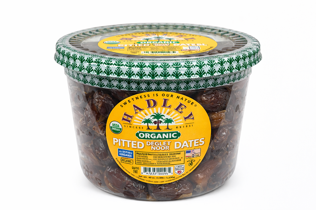 Hadley Organic Pitted Dates California Grown Deglet Noor 40 OZ jar with label highlighting organic pitted deglet noor dates.